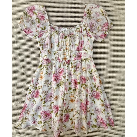 Blu Pepper Smocked Mini Dress L/8/10 Puff Sleeve Square Neck Fit & Flare Cottage - Picture 7 of 11